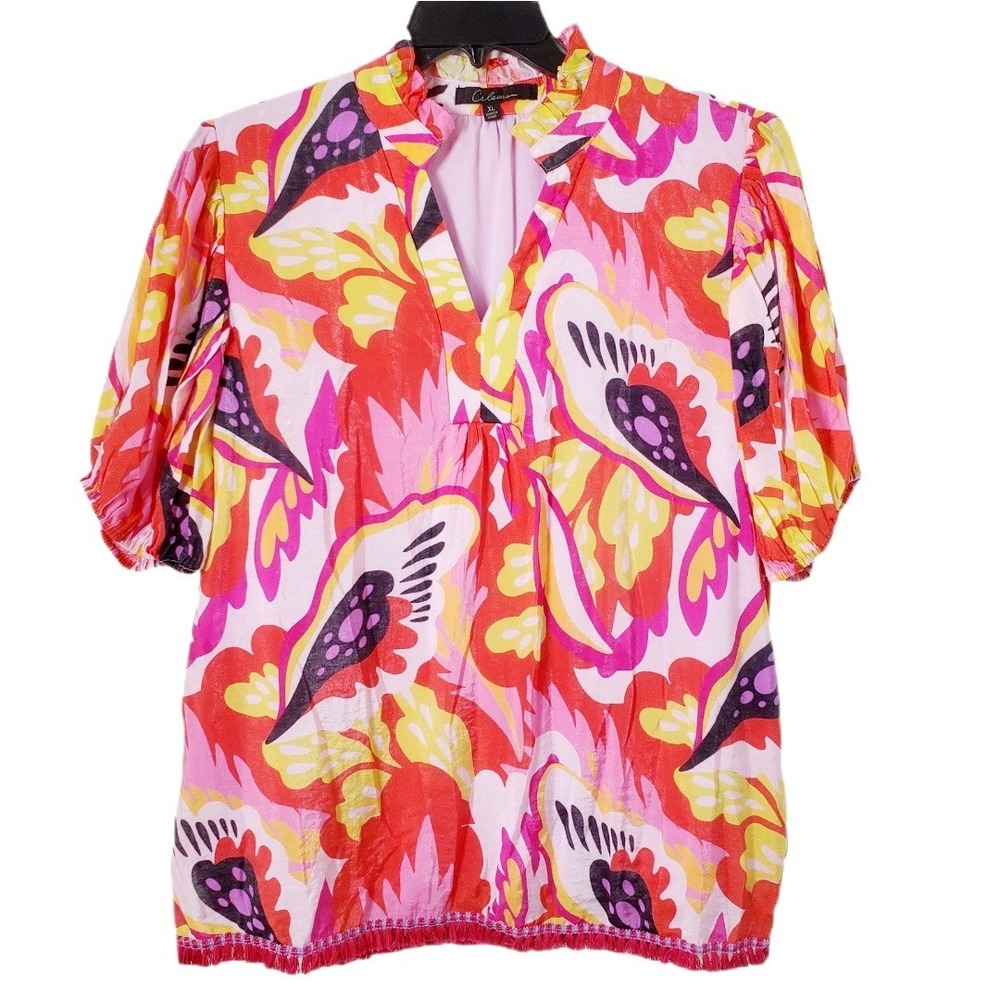 Calessa Split Neck Popover Top Pink Orange Abstract Floral Tassel Fringe‎ Blouse